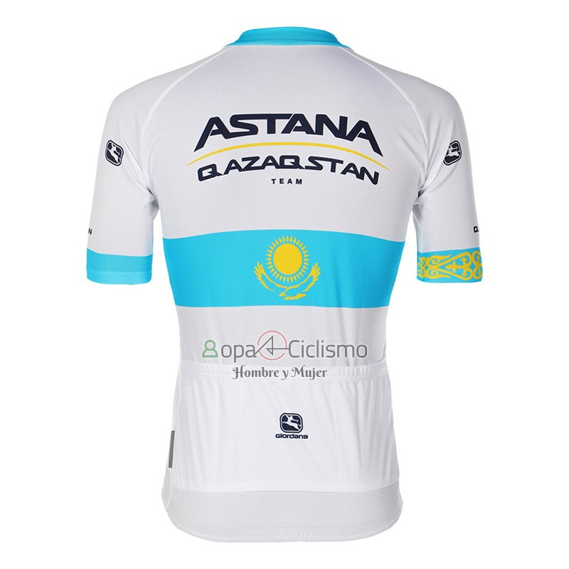 Astana Qazaqstan Team Ropa Ciclismo Culotte Corto 2023 Mangas Cortas Blanco Azul